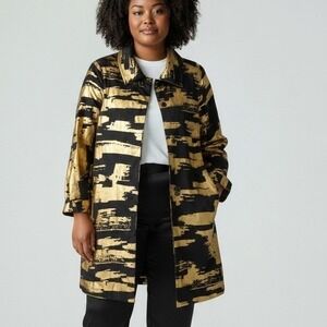 Berek Women Black Gold Metallic Foil Brushstroke Longline Jacket Coat Blazer L